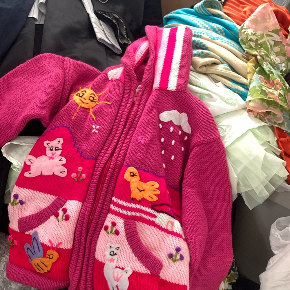 Hot pink appliqué and stripes size 10 zip up sweater jacket